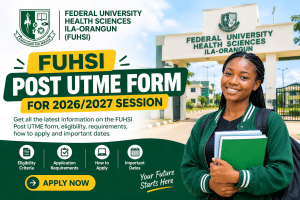 Check FUHSI Post UTME Form 2026/2027 requirements, JAMB score, available courses, departmental cut-off marks, screening results and official admission portal.